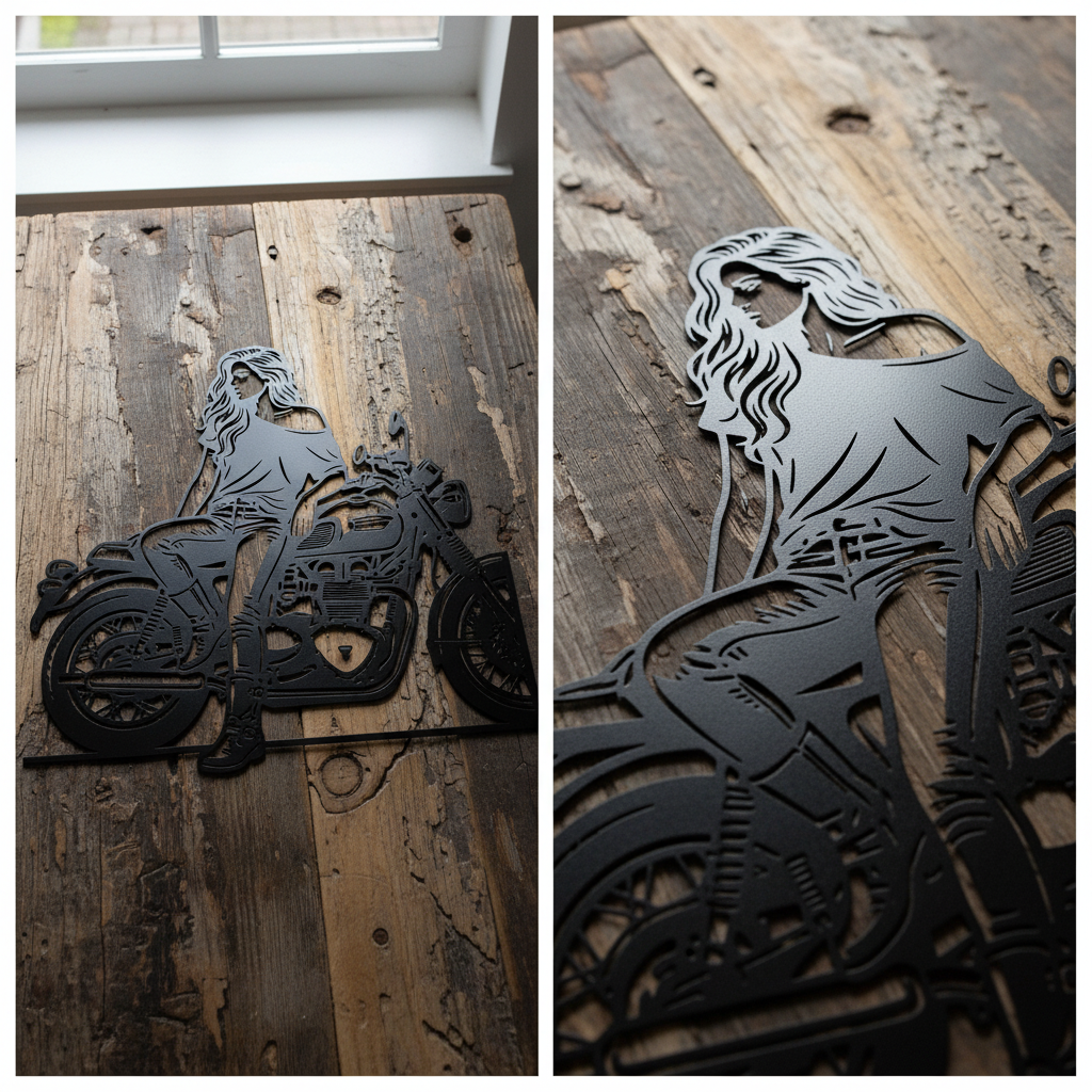 Bikerin auf dem Motorrad Metall Wanddeko – Bild 1