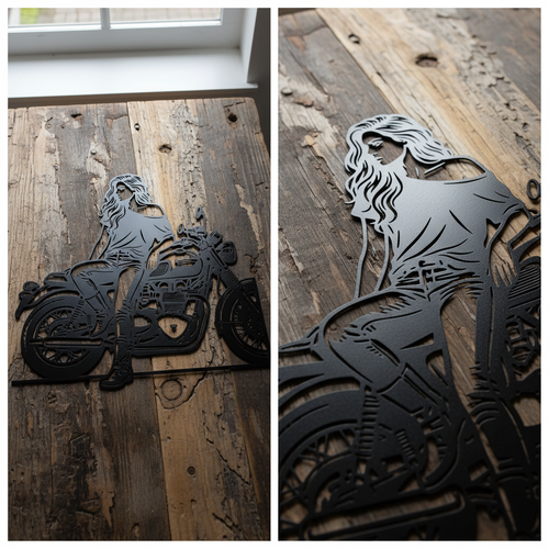 Bikerin auf dem Motorrad Metall Wanddeko – Bild 1