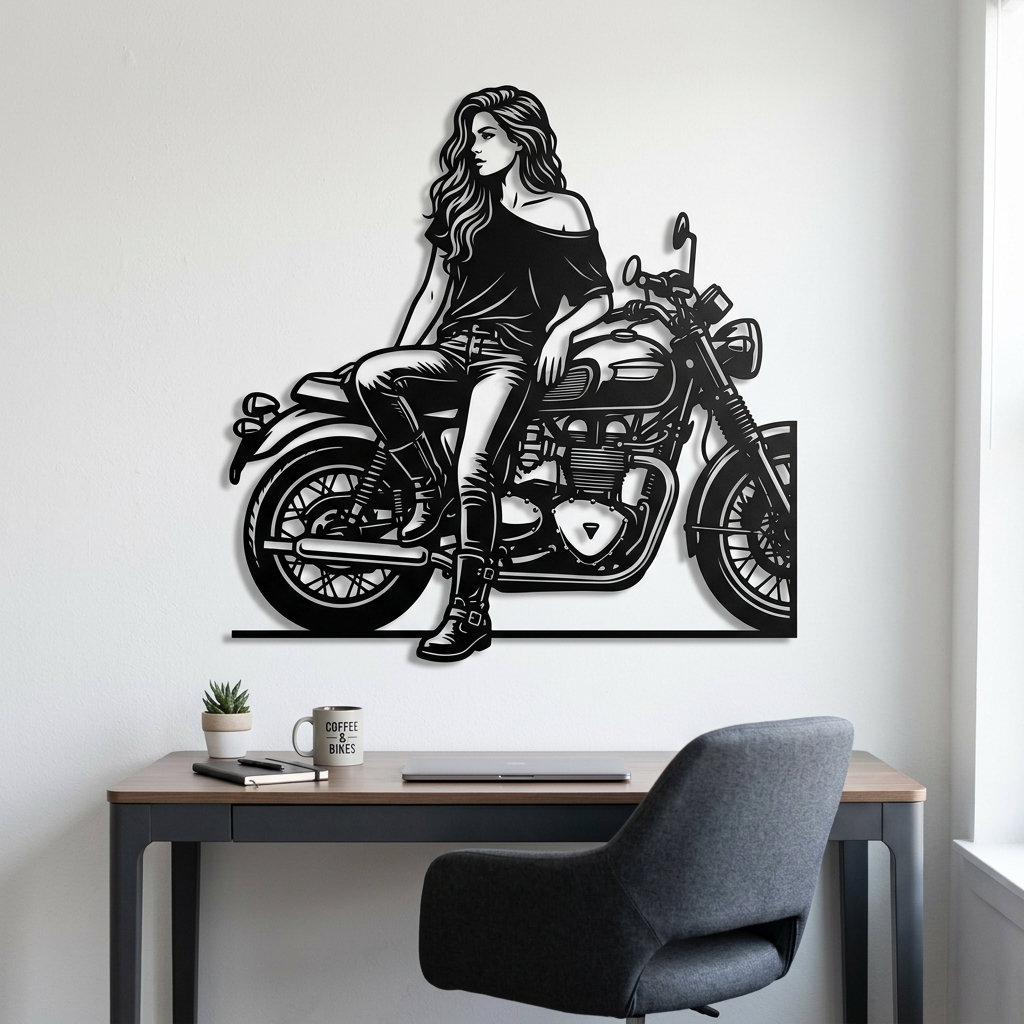 Bikerin auf dem Motorrad Metall Wanddeko – Bild 2