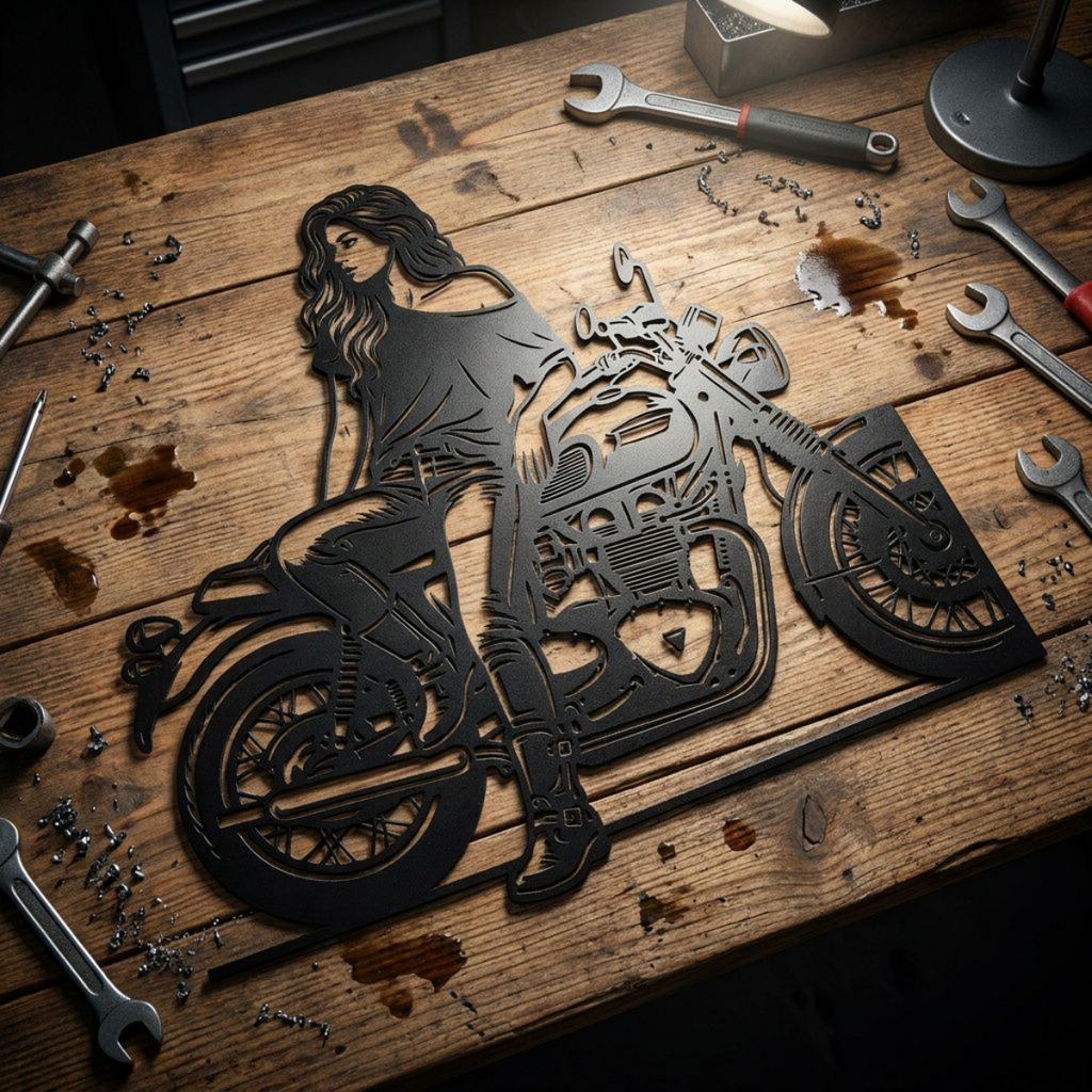 Bikerin auf dem Motorrad Metall Wanddeko – Bild 20