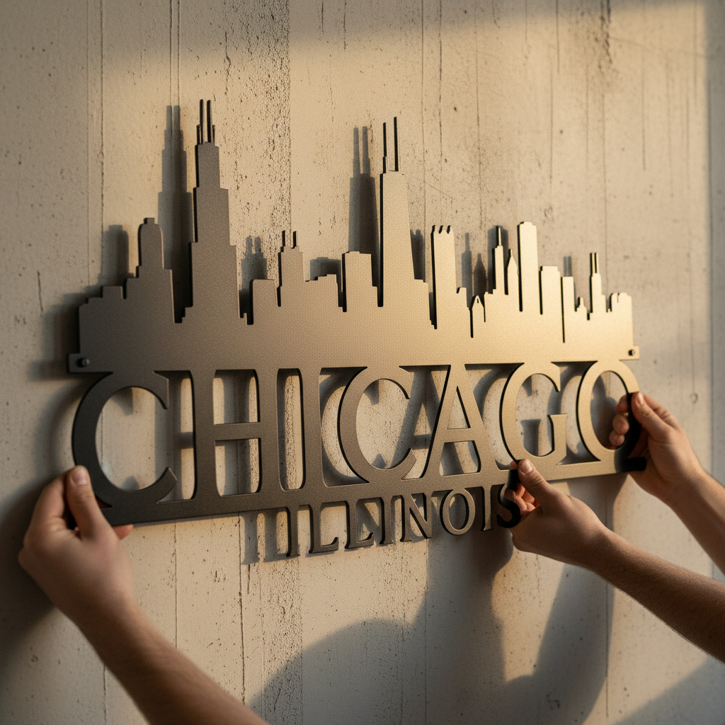 Chicago Illinois skyline metal wall art with skyscraper silhouette in black steel – image 11