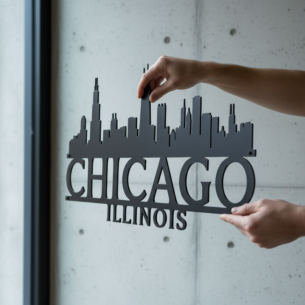 Chicago Illinois skyline metal wall art with skyscraper silhouette in black steel – image 12