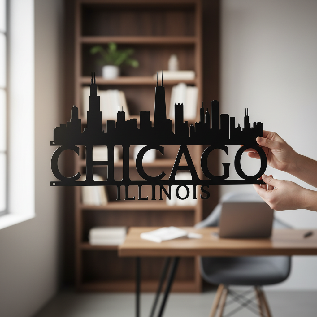 Chicago Illinois skyline metal wall art with skyscraper silhouette in black steel – image 13