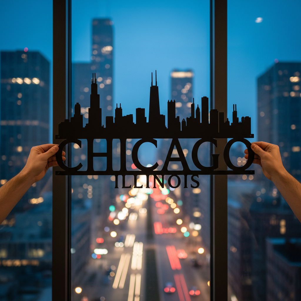 Chicago Illinois skyline metal wall art with skyscraper silhouette in black steel – image 15