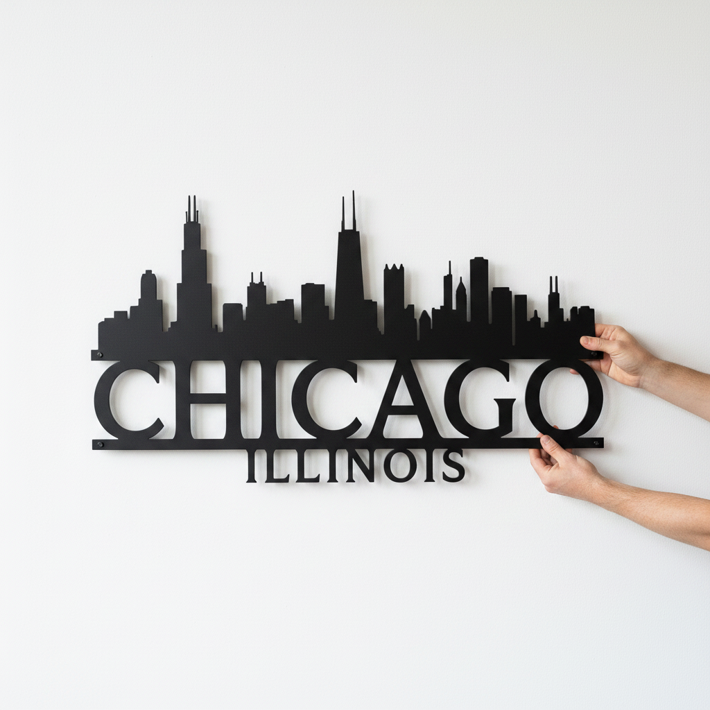 Chicago Illinois skyline metal wall art with skyscraper silhouette in black steel – image 17
