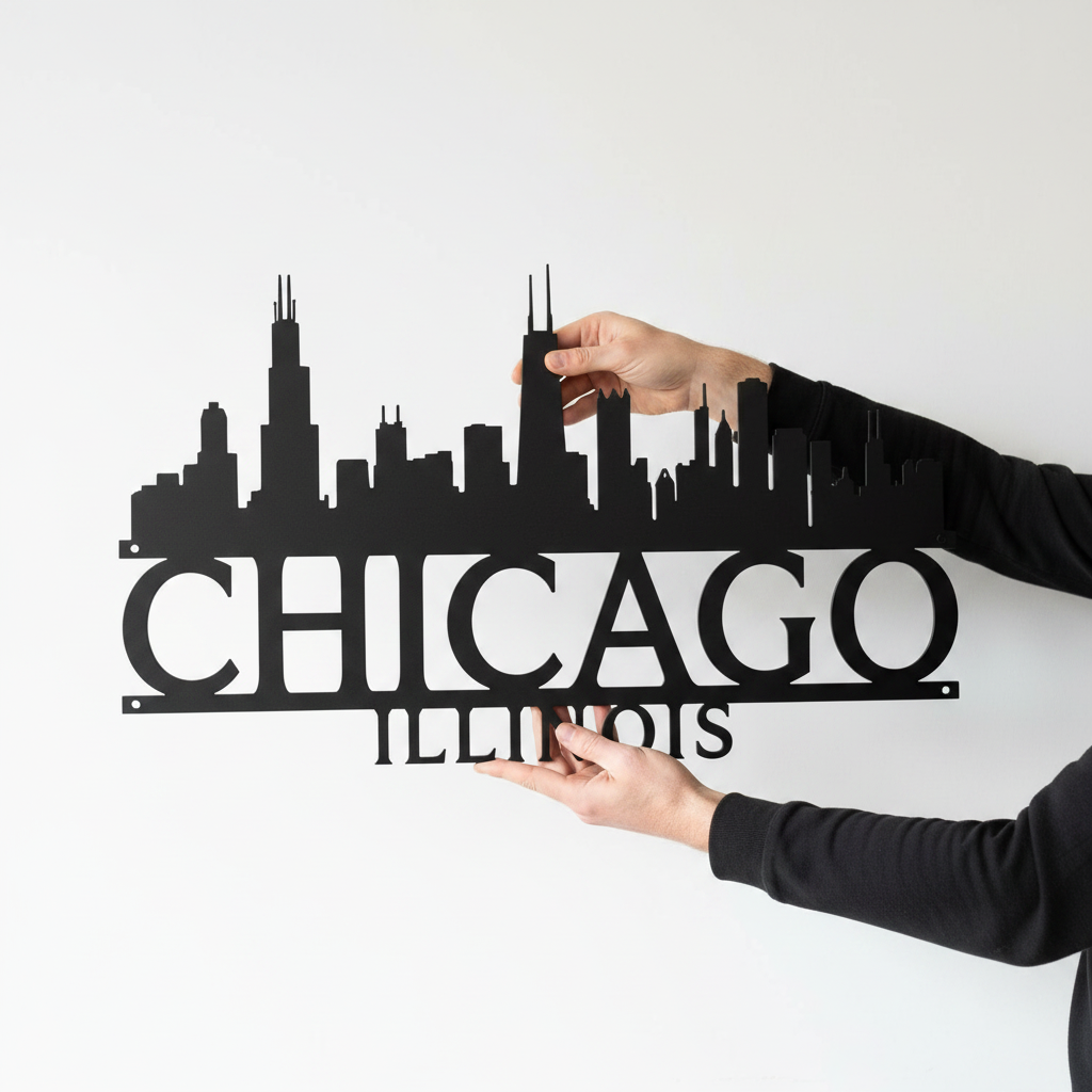 Chicago Illinois skyline metal wall art with skyscraper silhouette in black steel – image 3