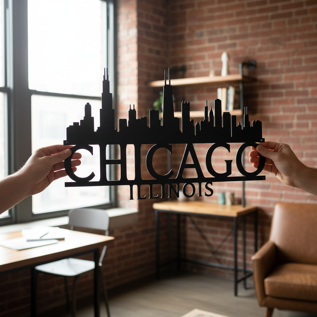 Chicago Illinois skyline metal wall art with skyscraper silhouette in black steel – image 4
