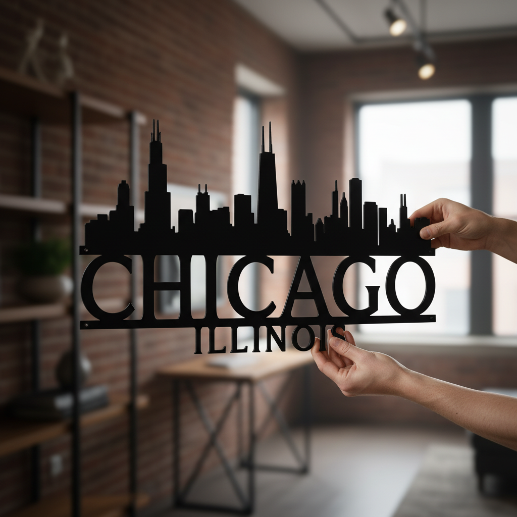 Chicago Illinois skyline metal wall art with skyscraper silhouette in black steel – image 5