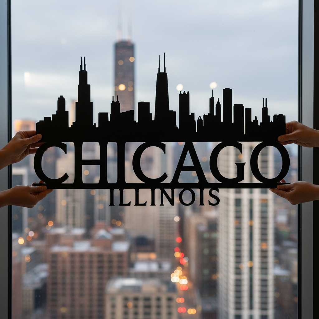 Chicago Illinois skyline metal wall art with skyscraper silhouette in black steel – image 7
