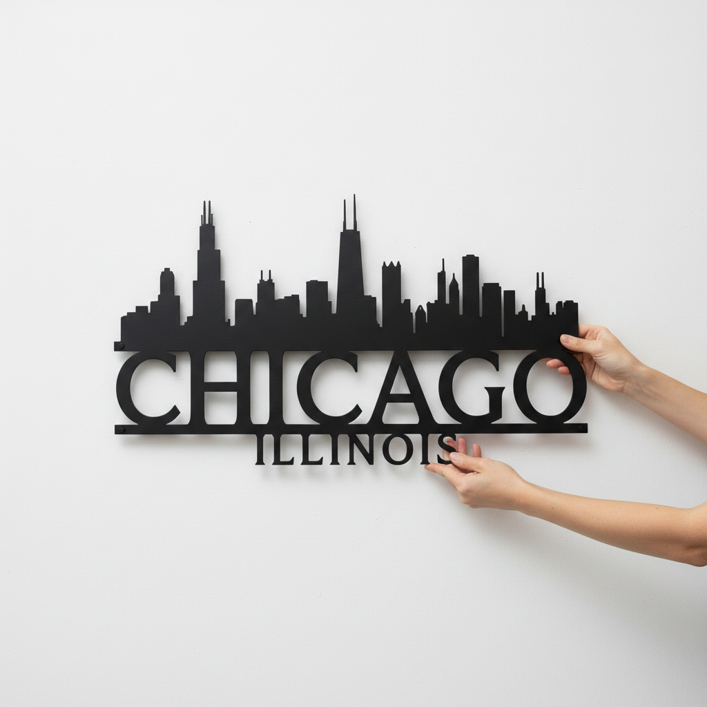 Chicago Illinois skyline metal wall art with skyscraper silhouette in black steel – image 8