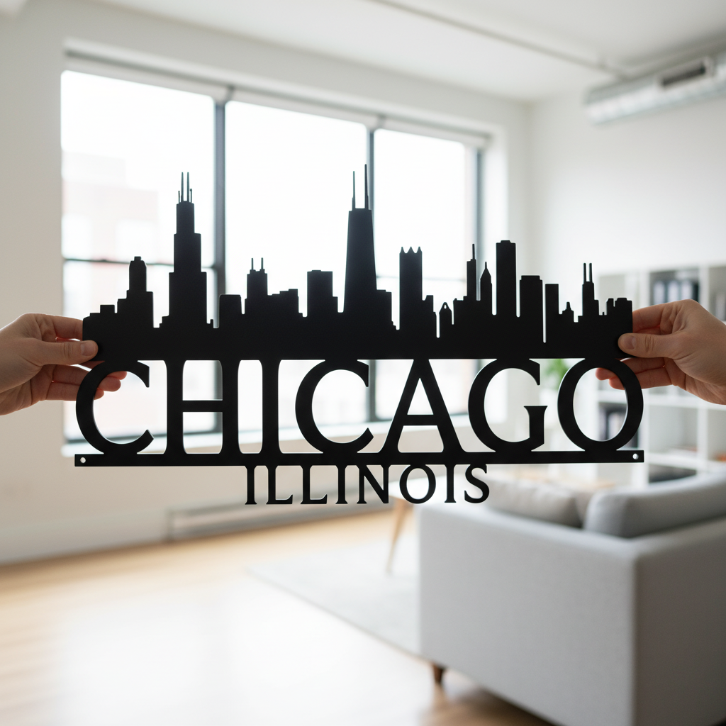 Chicago Illinois skyline metal wall art with skyscraper silhouette in black steel – image 10