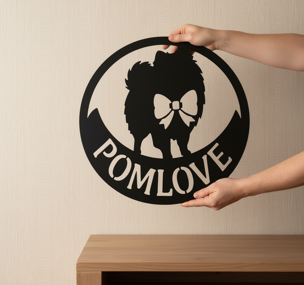 Personalized Pomeranian metal sign with dog name in black steel – image 2