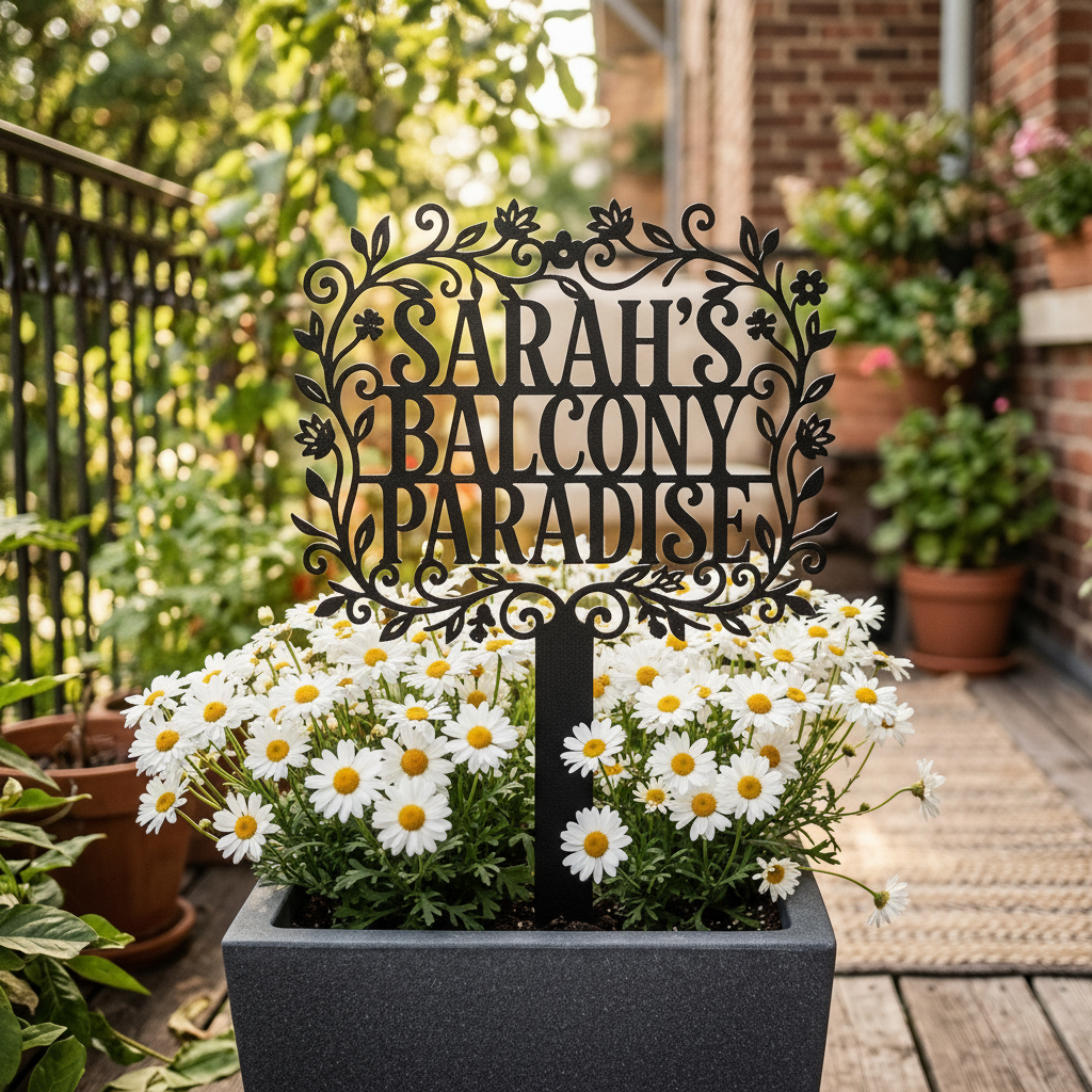 Personalisierter Gartenstecker Balcony Paradise mit Blumenrahmen und Namen aus schwarzem Stahl – Bild 6