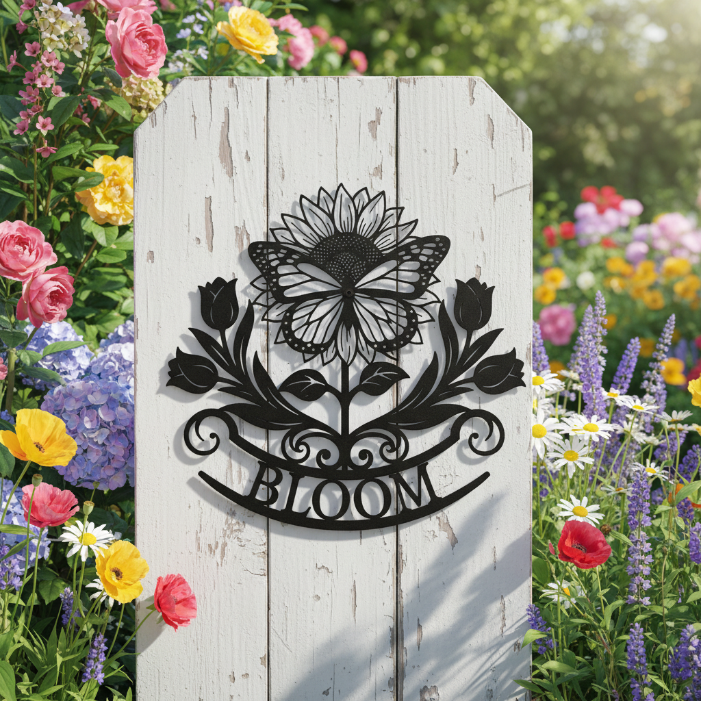 Bloom metal sign with sunflower, tulips and butterfly in black steel – image 2