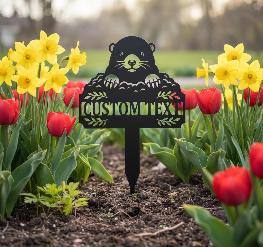 Personalisierter Maulwurf Gartenstecker mit Maulwurfshügel – Bild 3