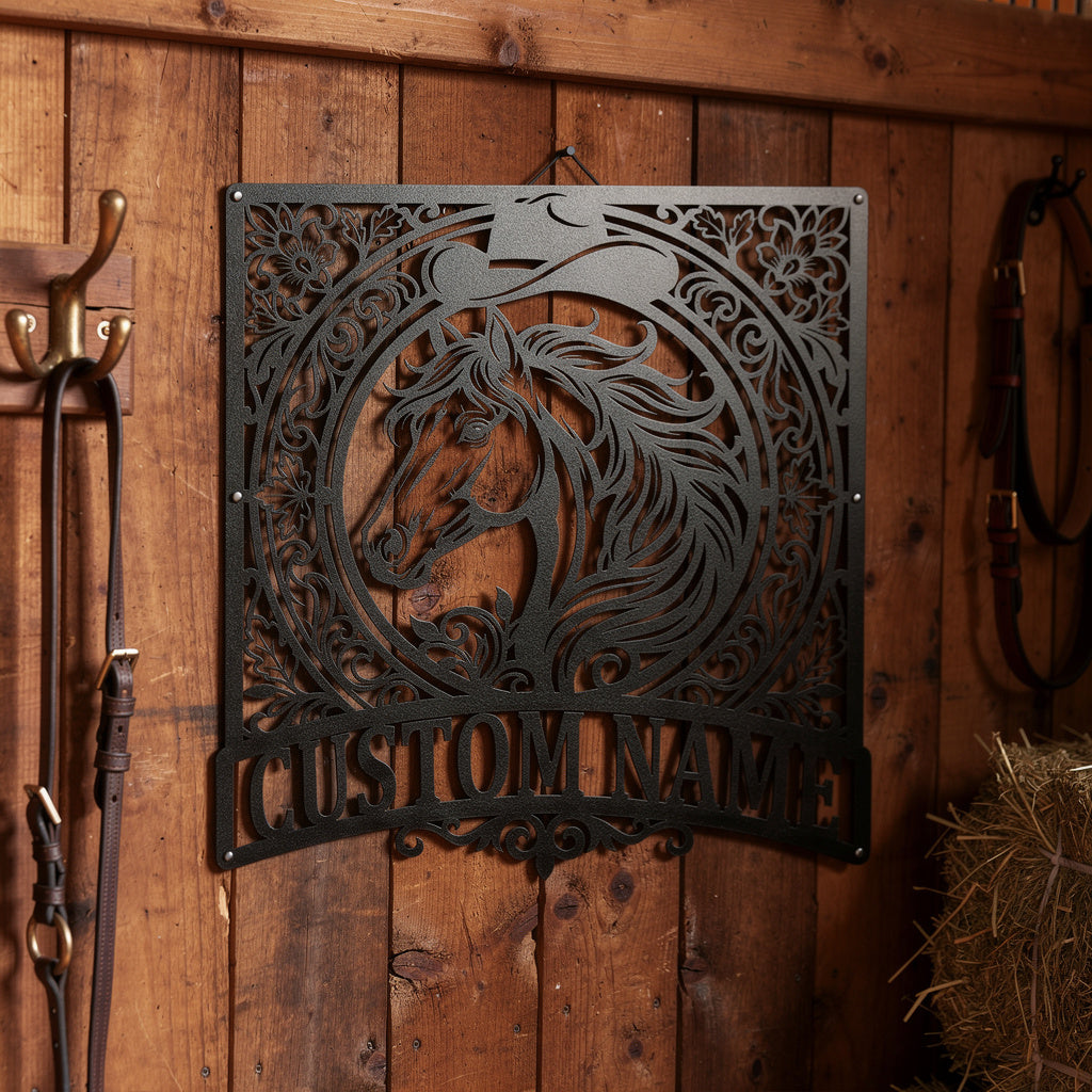 Personalized western horse metal sign with name in black steel