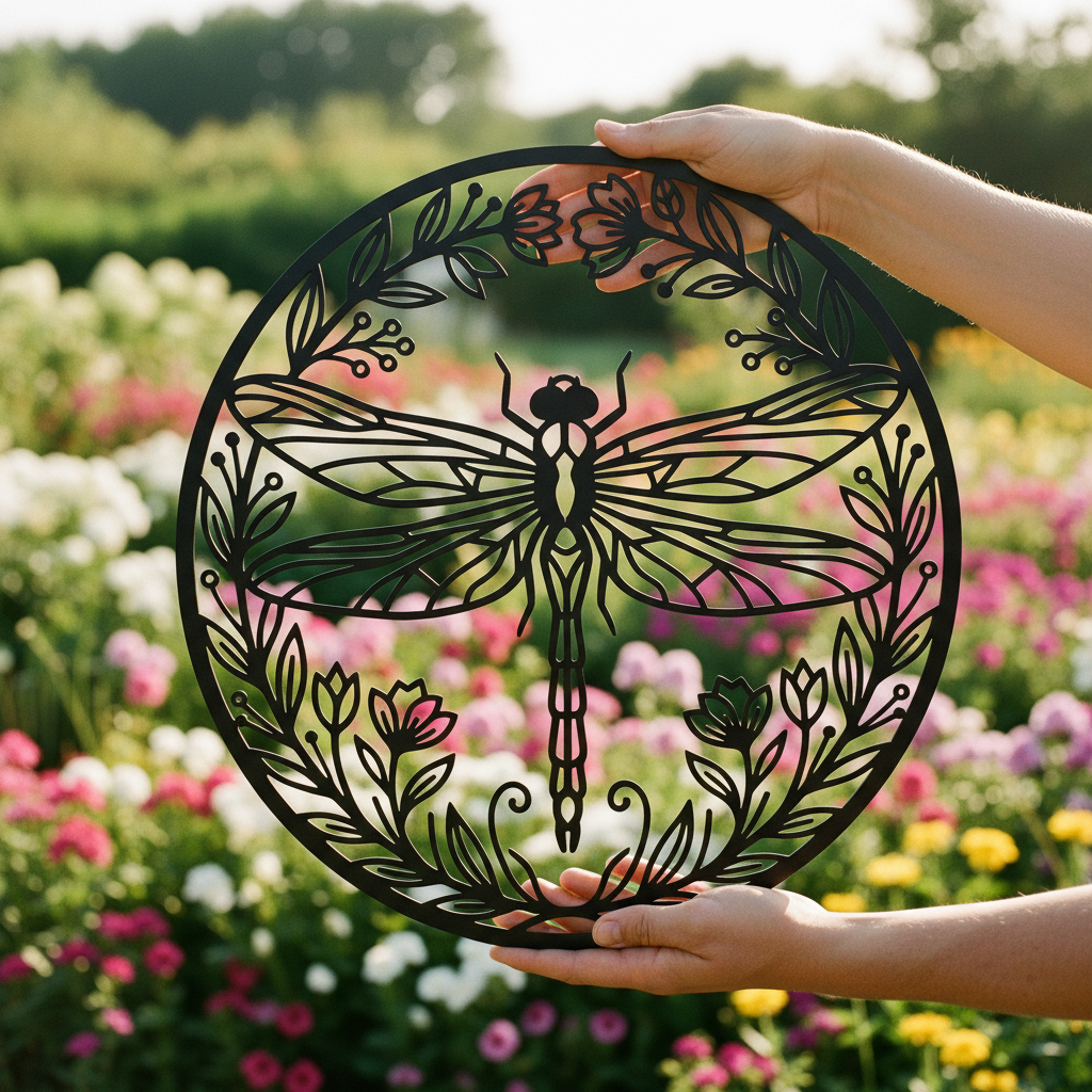 Rundes Libelle Metallschild im Blumenkranz aus schwarzem Stahl – Bild 2
