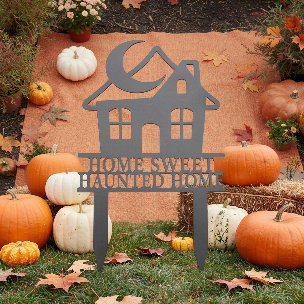 Home Sweet Haunted Home Halloween garden stake with haunted house in black steel – image 2