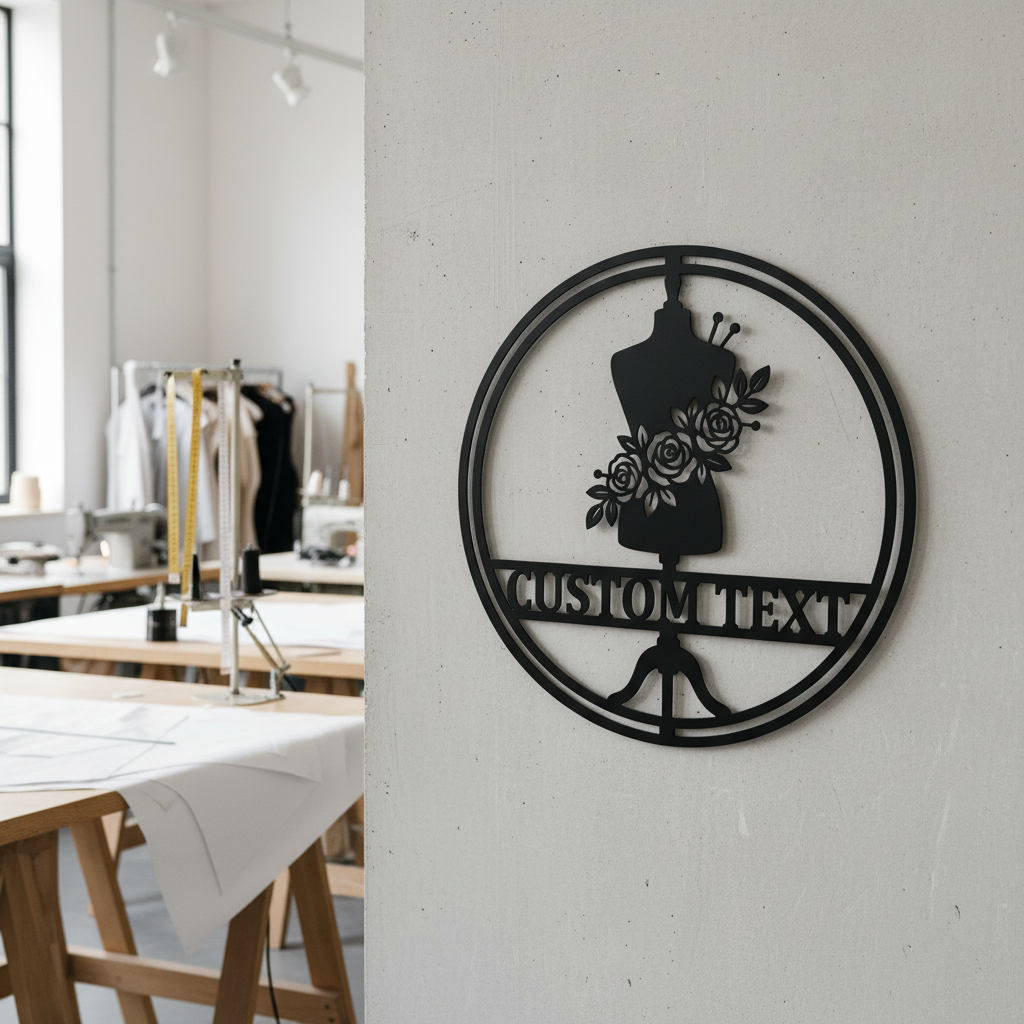 Personalisiertes Nähzimmer Metallschild mit Näherin und Namen aus schwarzem Stahl – Bild 9
