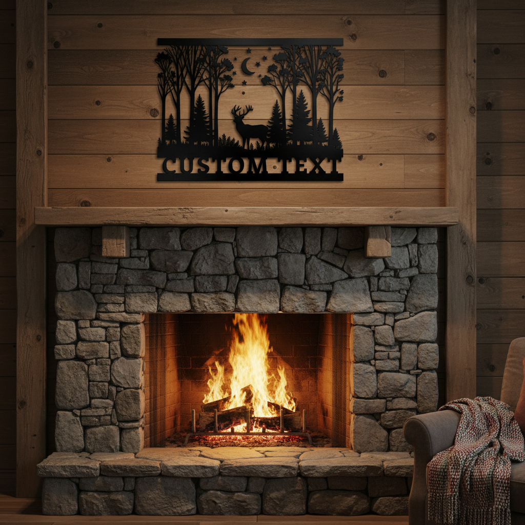 Personalized deer in night forest metal sign with crescent moon in black steel – image 2