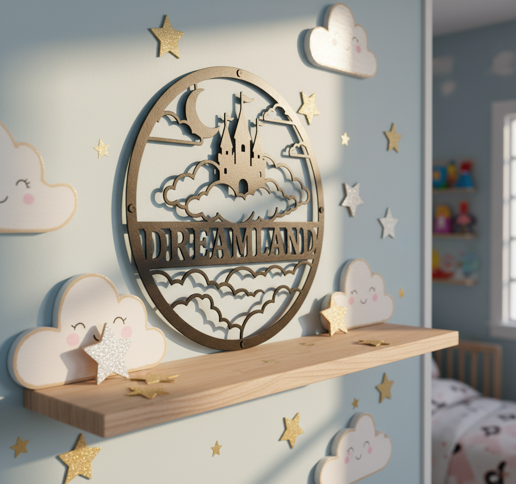 Personalized fairy tale castle in the clouds kids name sign in black steel – image 3