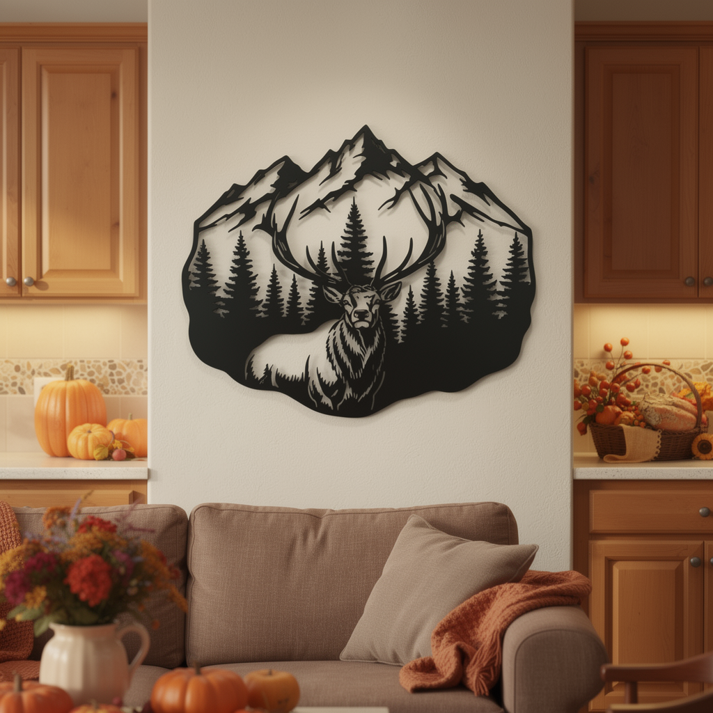Deer metal sign with stag, mountains and fir trees in black steel – image 3