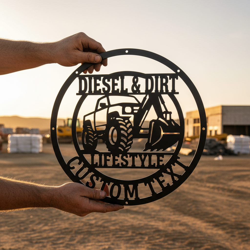 Personalized excavator metal sign Diesel and Dirt with name in black steel – image 6