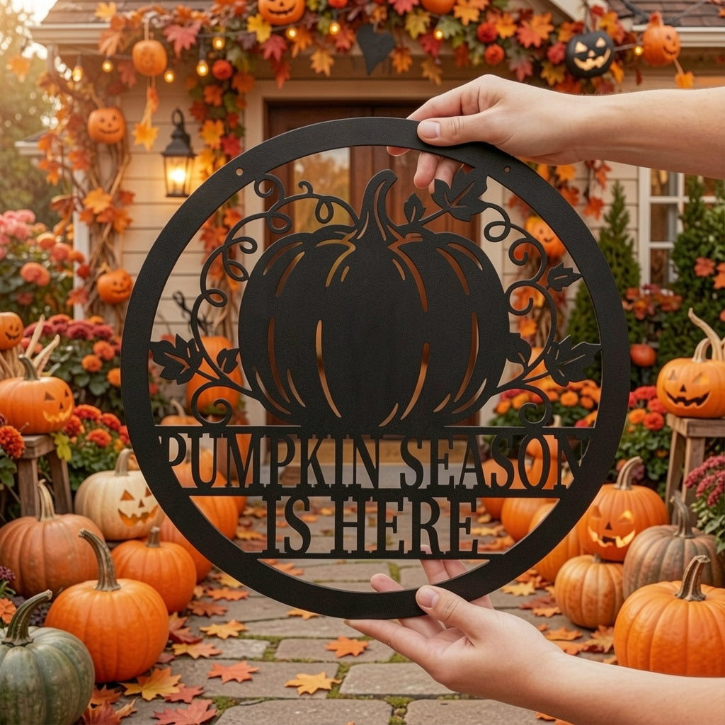 Round Pumpkin Season Is Here metal sign with pumpkins and vines – image 8