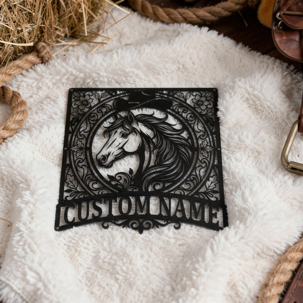 Personalisiertes Pferdeschild im Western-Stil mit Namen aus schwarzem Stahl – Bild 7