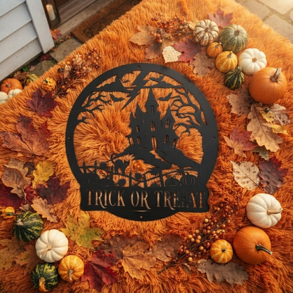 Halloween Spukhaus mit Fledermäusen Trick or Treat Metallschild rund – Bild 4