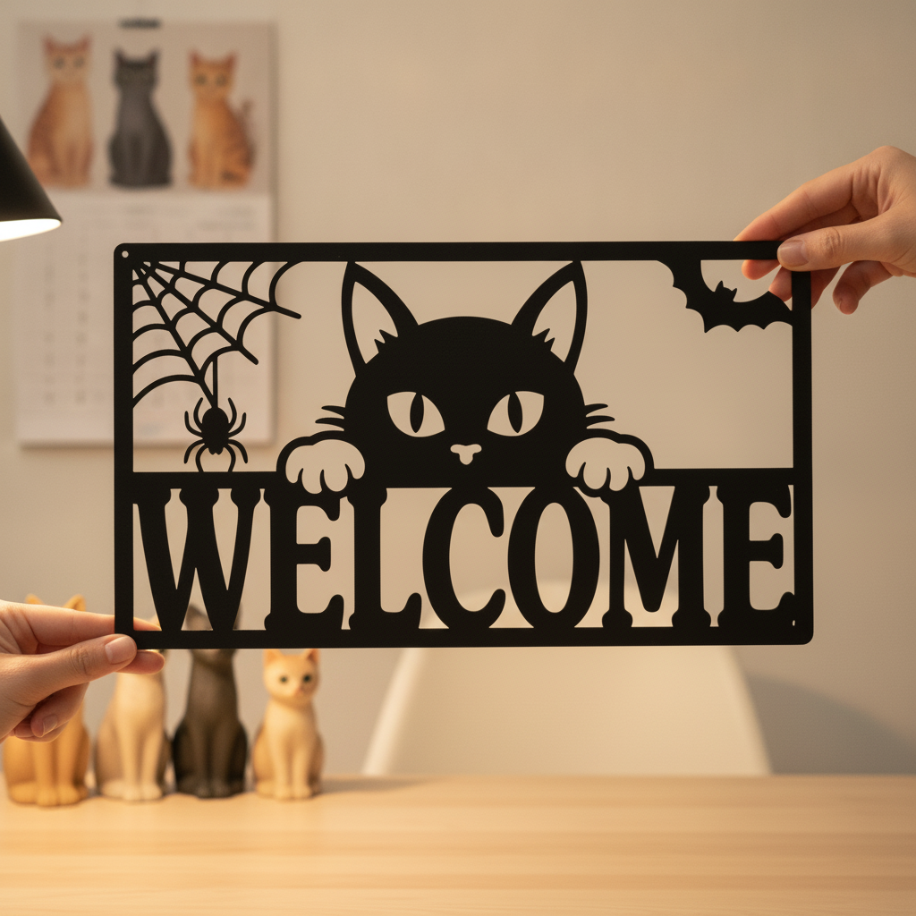 Halloween Willkommensschild mit schwarzer Katze aus schwarzem Stahl – Bild 8