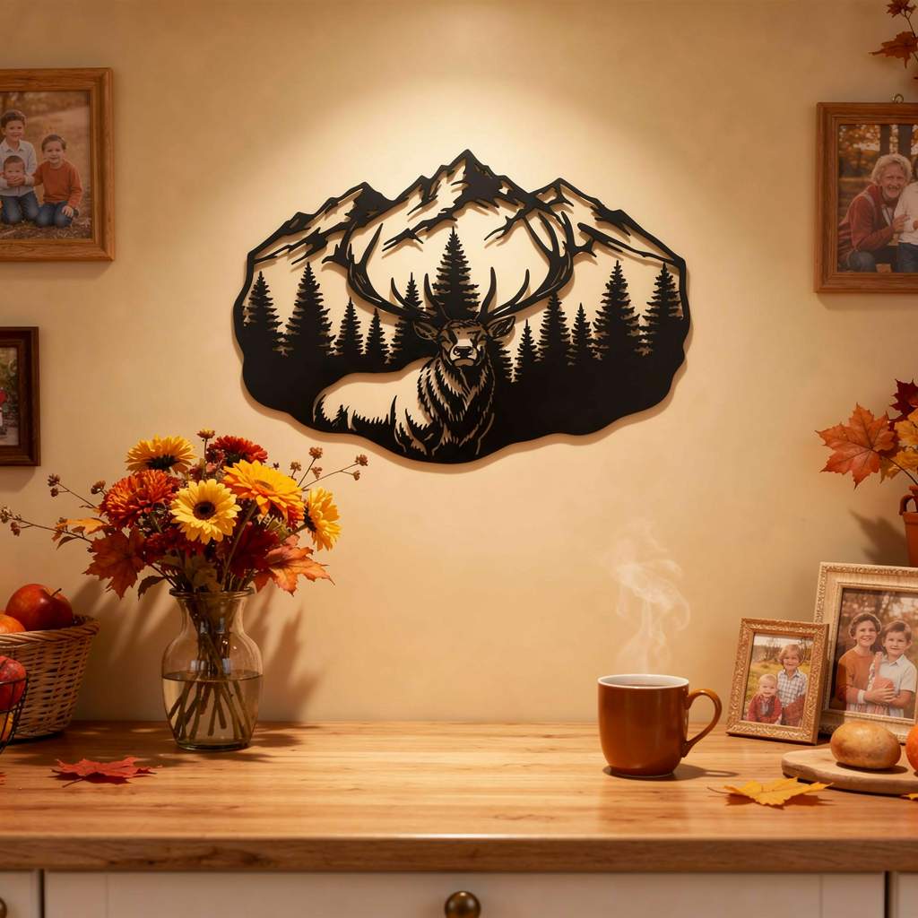 Deer metal sign with stag, mountains and fir trees in black steel – image 10
