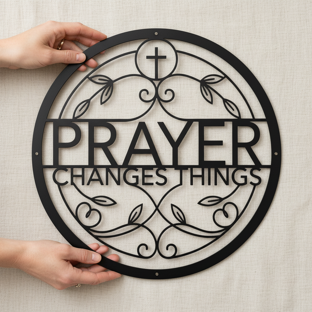 Personalized round Prayer Changes Things metal sign in black steel – image 10