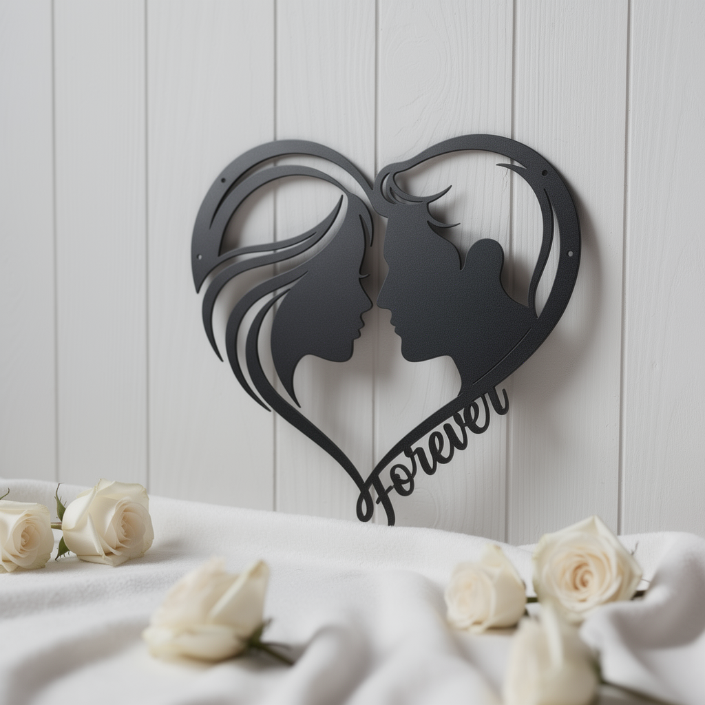 Wanddeko Metall Herz mit Paar-Silhouette und Forever aus schwarzem Stahl – Bild 2