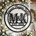 Personalisiertes Hochzeitsschild Forever Begins Today mit Monogramm, Namen und Datum