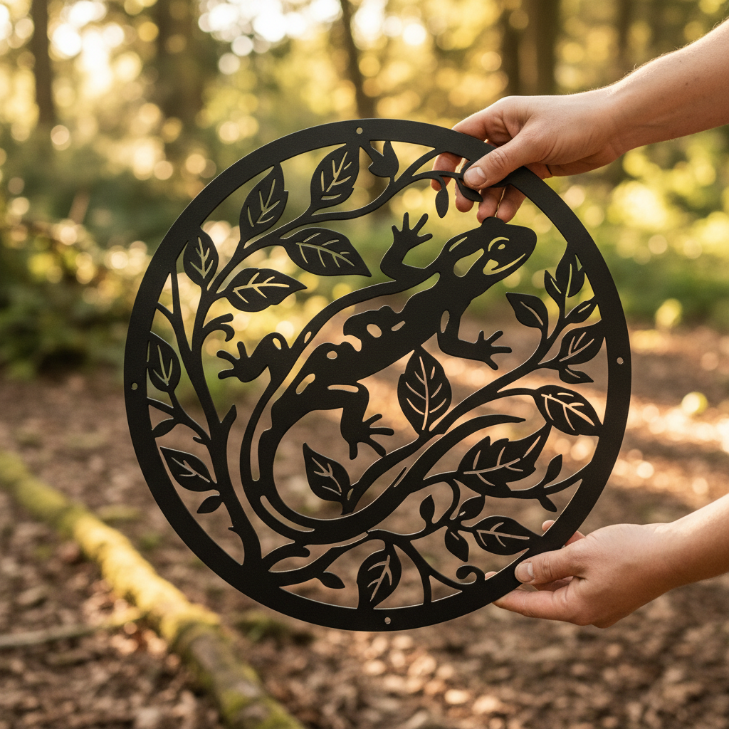 Round gecko in leaf wreath metal wall art in black steel – image 6