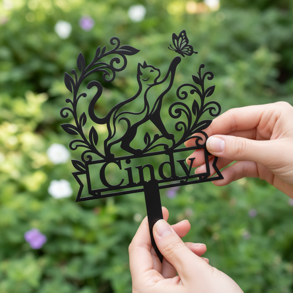 Personalisierter Katze mit Schmetterling Rankenrahmen Gartenstecker – Bild 8
