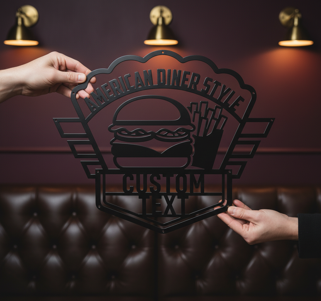Personalized American diner metal sign with burger and fries in black steel – image 7