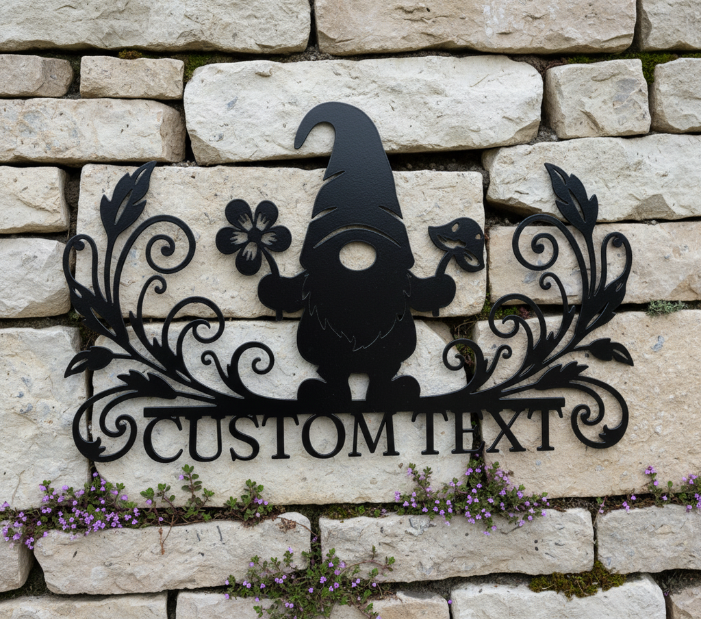 Personalized garden gnome metal sign with flowers, mushroom and name in black steel – image 6