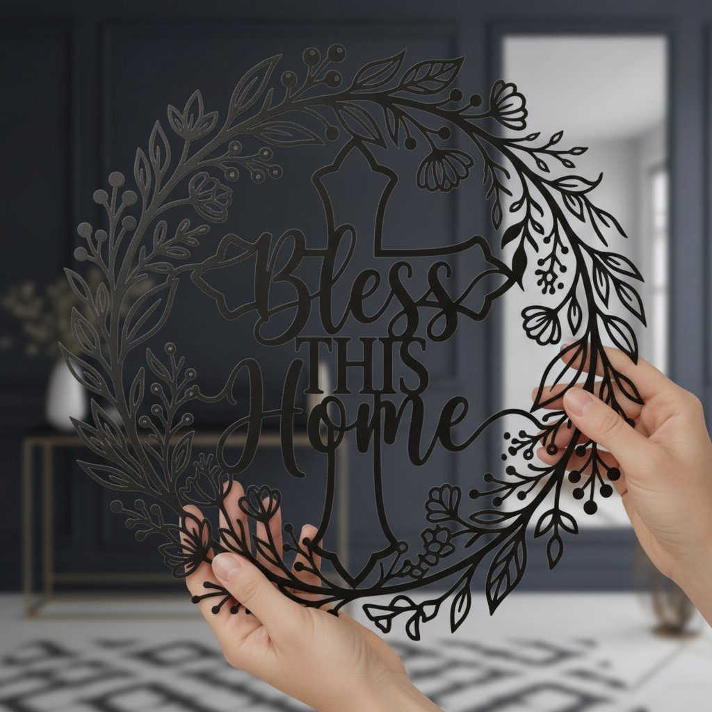 Rundes Haussegen-Metallschild „Bless this Home“ mit Kreuz und Blätterkranz aus schwarzem Stahl – Bild 2