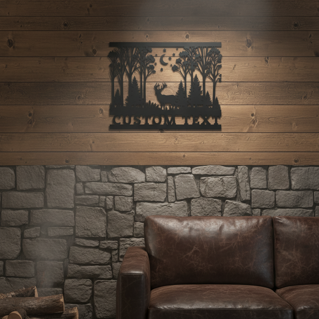 Personalized deer in night forest metal sign with crescent moon in black steel – image 6