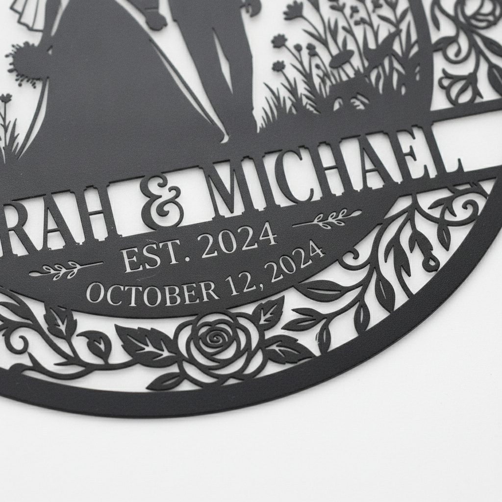 Personalized bride and groom silhouette metal sign with names and wedding date – image 7