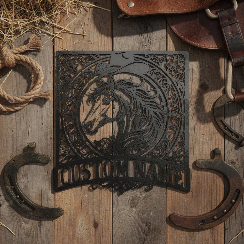 Personalized western horse metal sign with name in black steel – image 3