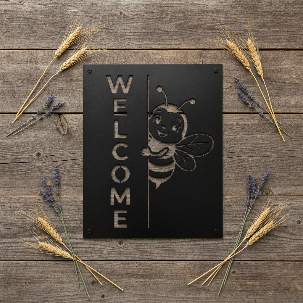Square bumblebee welcome metal sign in black steel – image 10