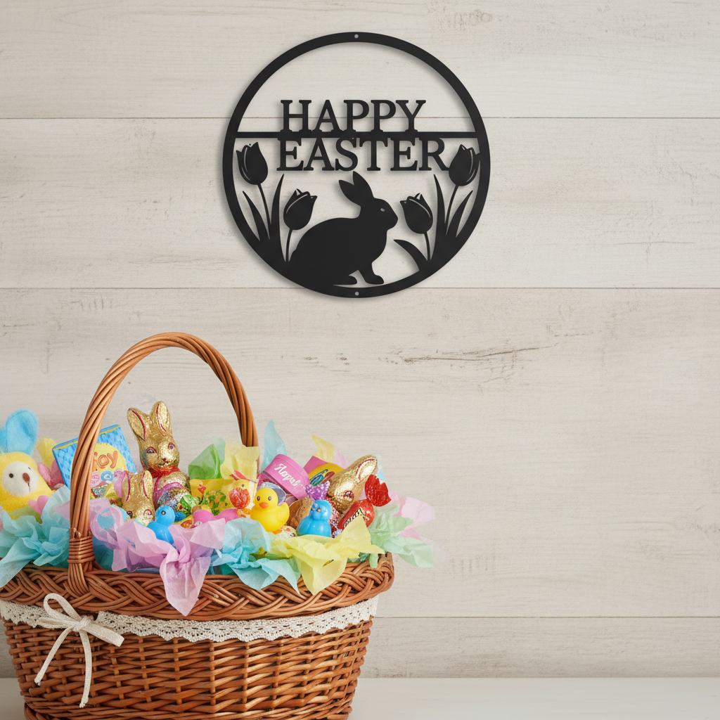 Rundes Osterhase Metallschild mit Tulpen und Happy Easter aus schwarzem Stahl – Bild 6