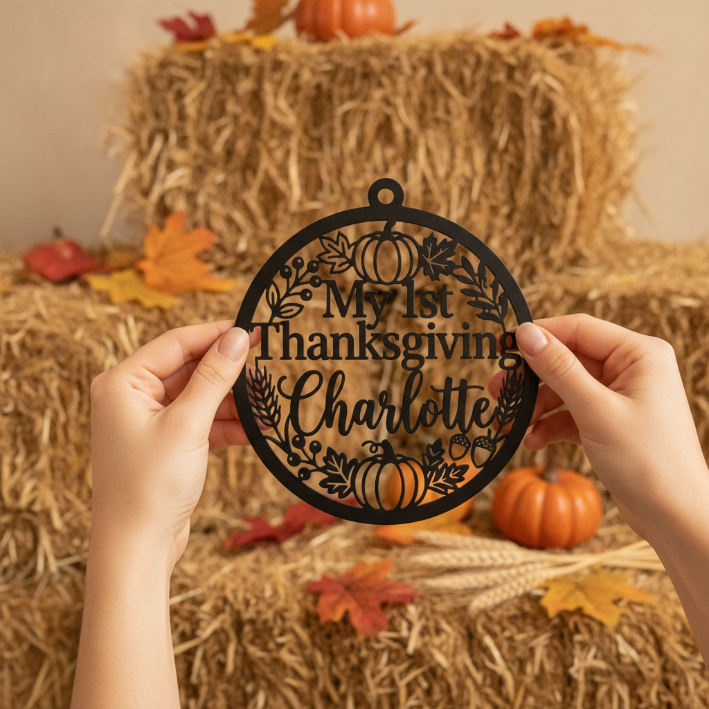 Personalized round My 1st Thanksgiving metal ornament with baby name and fall motifs – image 6