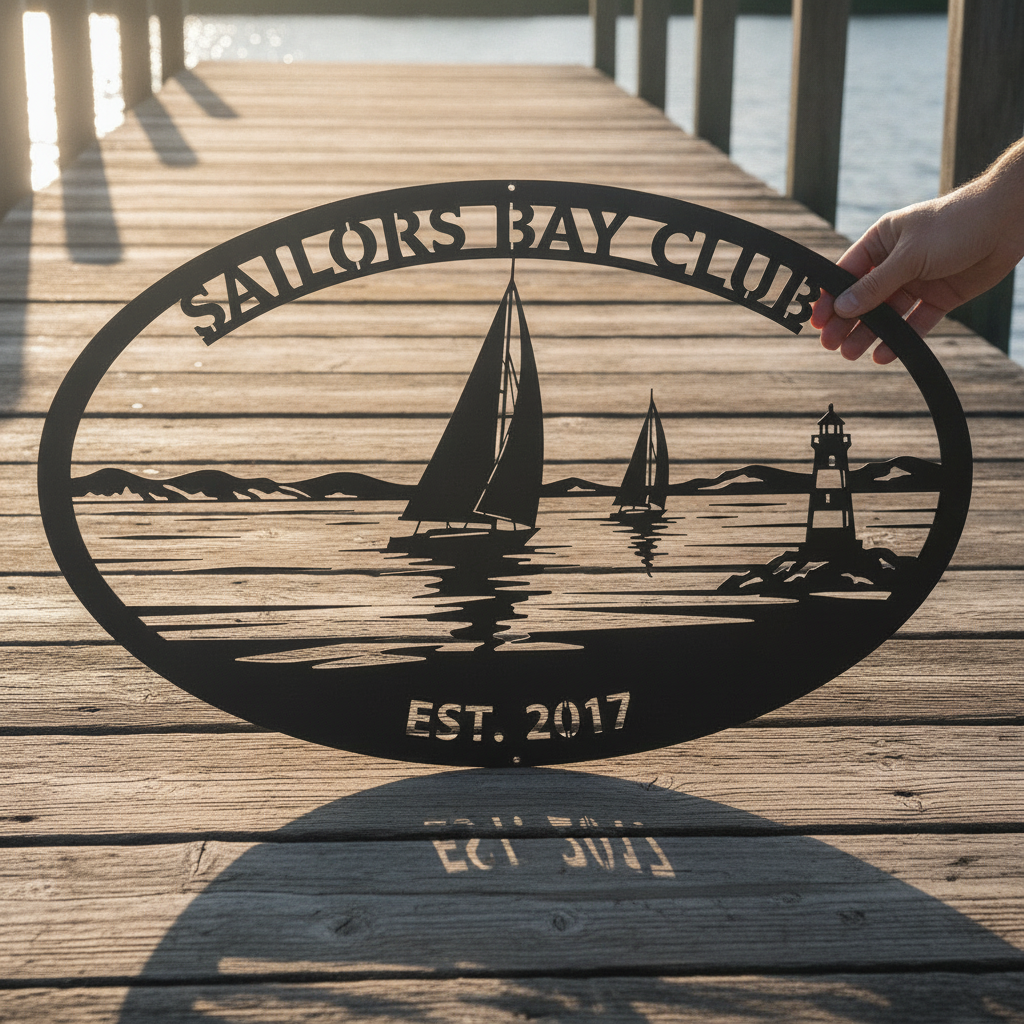 Personalized oval sailing club sign with sailboat and lighthouse in black steel – image 7