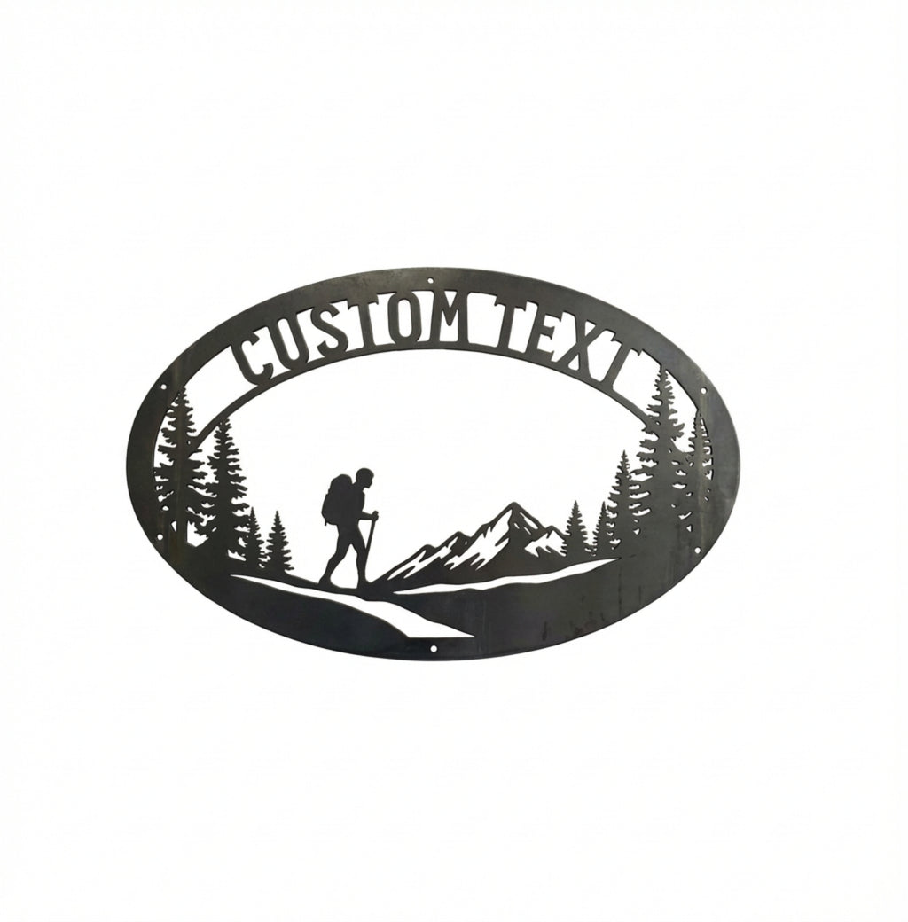 Personalized oval hiker metal sign with mountains and name in black steel – image 10