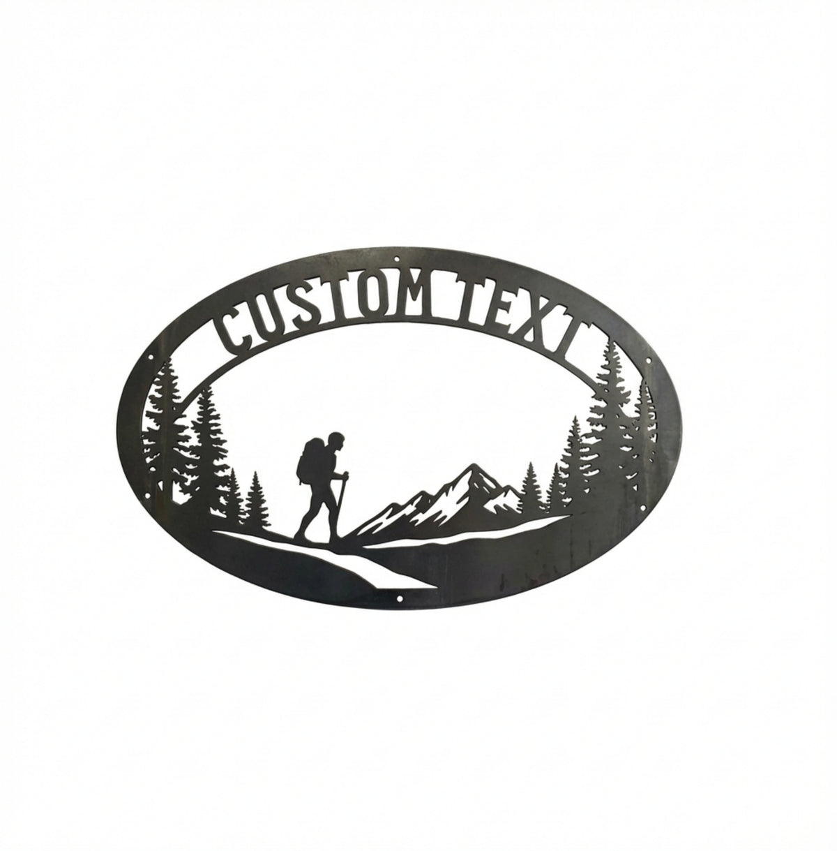 Personalized oval hiker metal sign with mountains and name in black steel – image 10