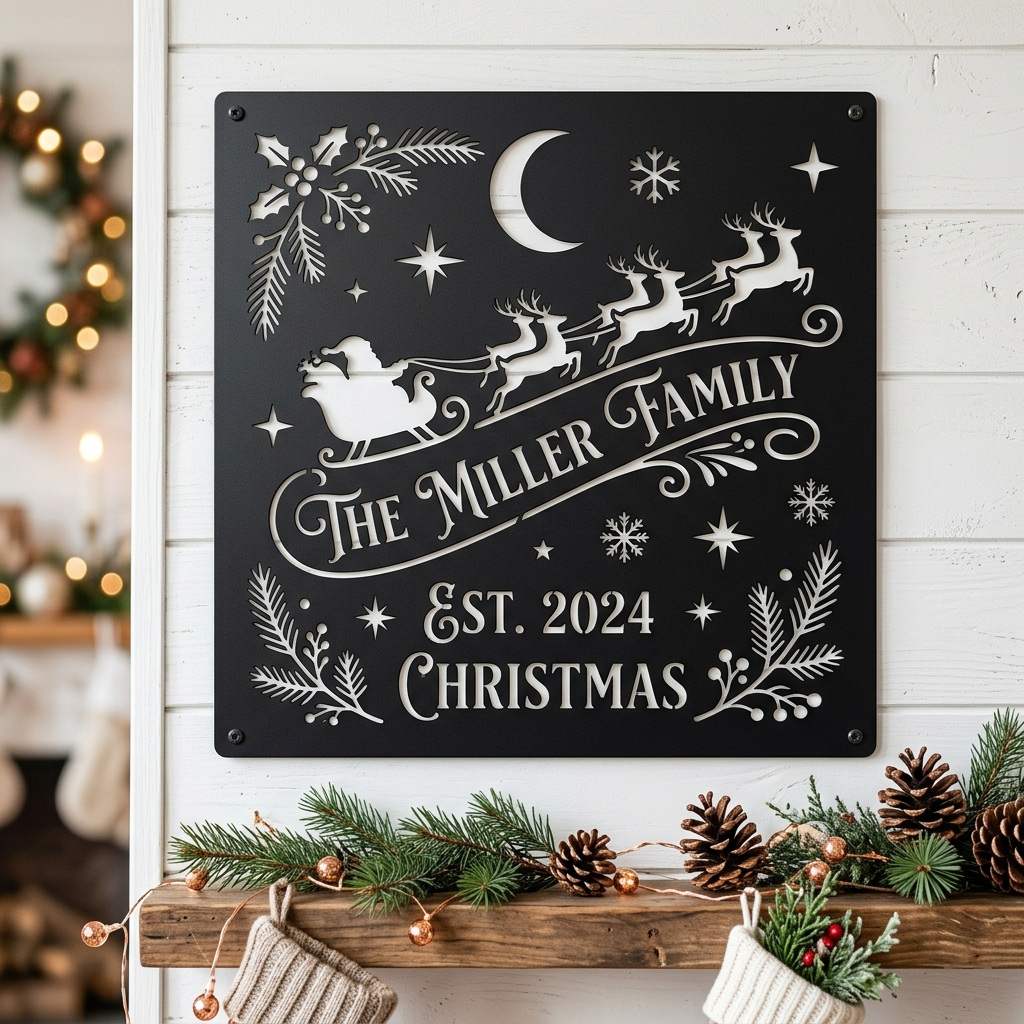 Personalisiertes Weihnachtsschild quadratisch mit Weihnachtsmann Schlitten und Rentieren – Bild 1